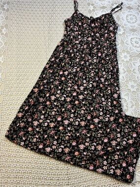 AUW Floral Maxi Dress Small Womens Black Spaghetti Strap Smocked Back Boho